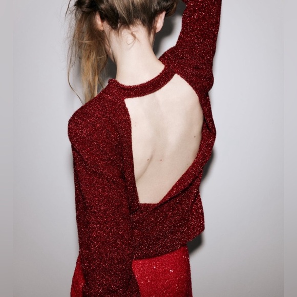 ZARA Bloggers Favourite Red Tinsel Knit Sweater  with Open Back Size Sma… - Picture 4 of 13